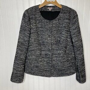 J. Jill Womens SM Black White Gray Tweed Wool Blend Collarless Snap Front Jacket